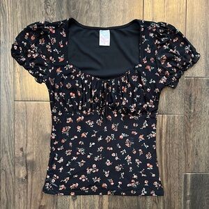 No Boundaries Black Puff Sleeve Blouse with Scoop Neck and Ruched Fitted Style